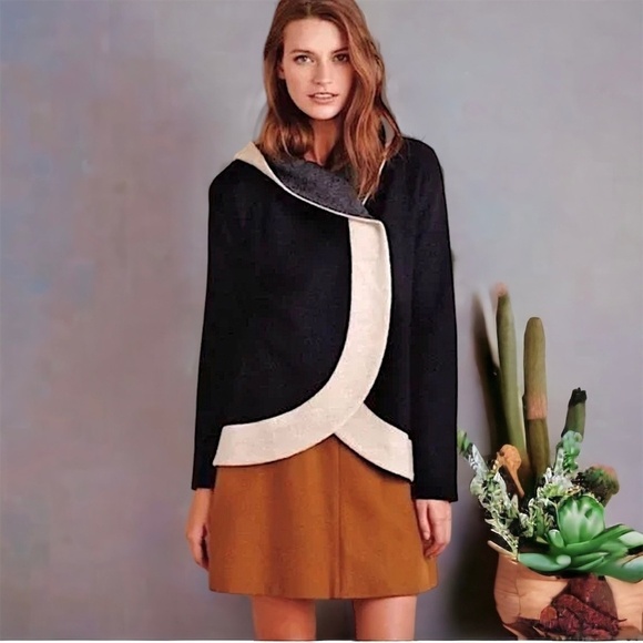 ANTHROPOLOGIE Rosie Neira Hooded Boiled Wool Color Block Sweater Jacket - Picture 1 of 11